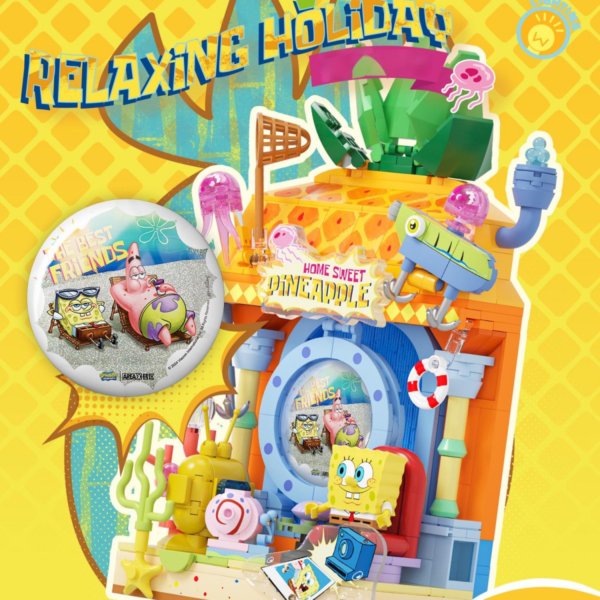 AREA-X SpongeBob Fantastic Window Sill Building Set featuring SpongeBob and Patrick in a colorful pineapple house with beach-themed accessories.